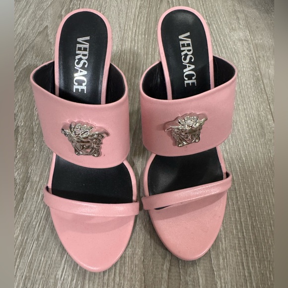 Versace Shoes - Versace Blush Pink Sandals with Medusa Emblem Heeled Mules